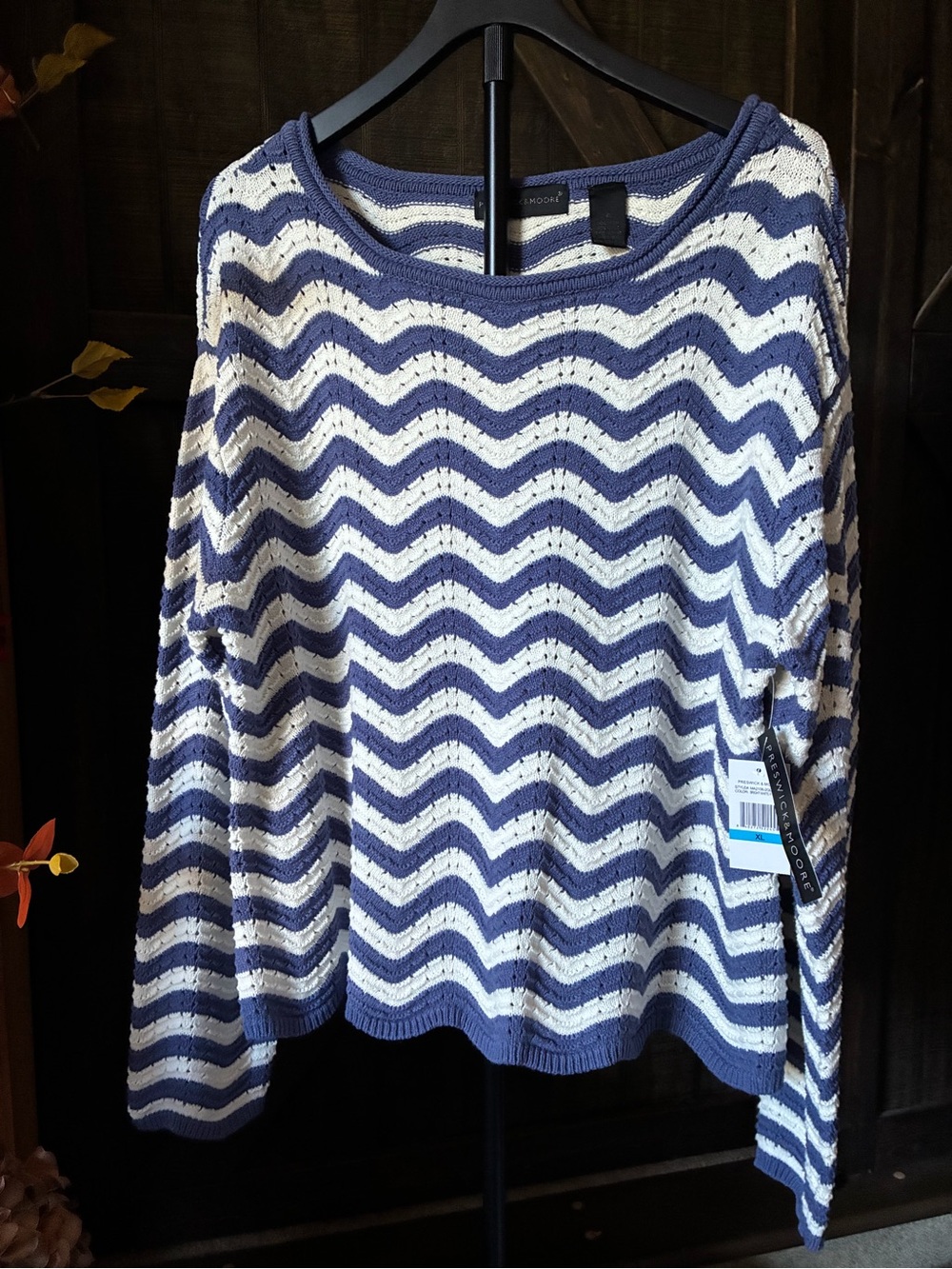 Preswick & Moore Navy and White Chevron Stripe Crewneck Sweater